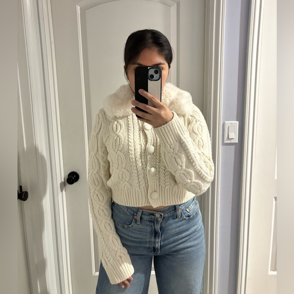 AQUA  White/Cream Faux Fur Collar Cardigan - 100% Exclusive | Bloomingdale's - Picture 3 of 9